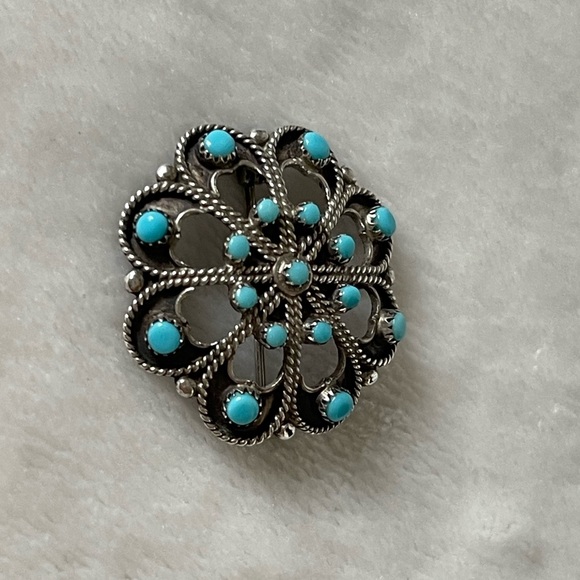 Vintage Zuni Native American 925 Silver Turquoise Pendant Brooch Necklace - Picture 3 of 6